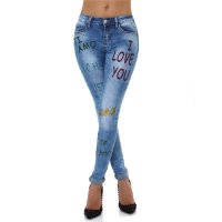 Womens skinny jeans with lettering print "I LOVE YOU" blue