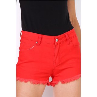 Kurze Damen Jeans Hotpants Shorts mit ausgefranstem Saum Rot