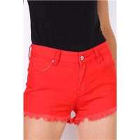 Kurze Damen Jeans Hotpants Shorts mit ausgefranstem Saum Rot 38 (M)