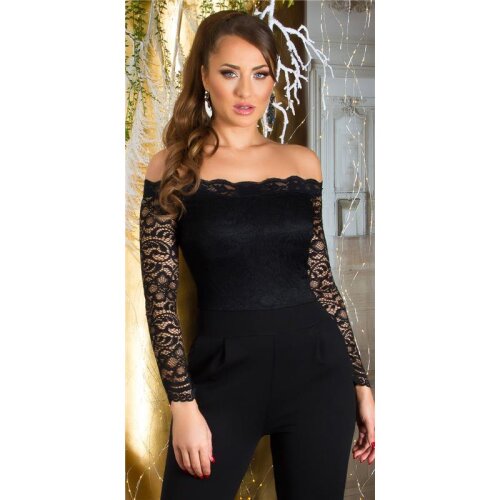 Damen Overall Hosenanzug mit Carmen-Ausschnitt Schwarz
