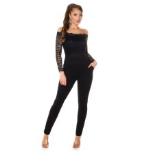 Damen Overall Hosenanzug mit Carmen-Ausschnitt Schwarz