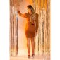 Elegant womens long-sleeved business dress with belt brown