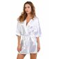 Kurzer Damen Satin Morgenmantel Kimono mit Gürtel Weiß