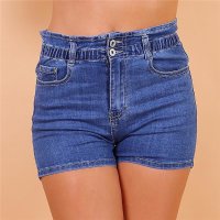 Damen Stretch Jeans Hotpants Shorts mit Elastikbund Blau...