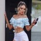 Cropped womens Bardot top with flower print light blue