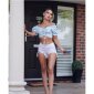 Cropped womens Bardot top with flower print light blue