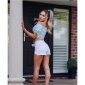 Cropped womens Bardot top with flower print light blue