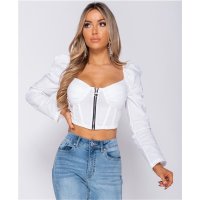 Womens puffed sleeve crop shirt with zip front white UK...