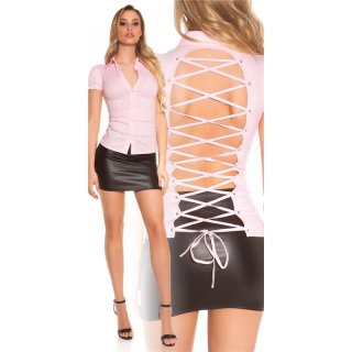 Damen Kurzarm Bluse mit Schnürung am Rücken Rosa 38 (L)