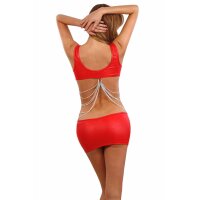 Sexy Damen Gogo Minikleid Wetlook mit Ketten Rot