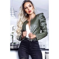 Cropped womens faux leather jacket with puffed sleeves khaki