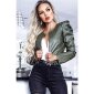 Cropped womens faux leather jacket with puffed sleeves khaki