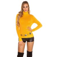 Womens fine-knitted basic sweater with turtle neck mustard
