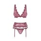 Sexy 3 pcs womens lingerie set bra thong garter belt berry