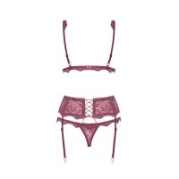 Sexy 3 pcs womens lingerie set bra thong garter belt berry UK 10/12 (S/M)