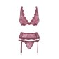 Sexy 3 pcs womens lingerie set bra thong garter belt berry UK 10/12 (S/M)