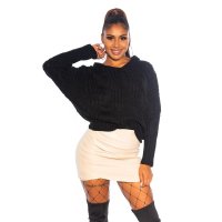 Womens sweater hoodie with cable-knit pattern black