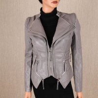 Stylish womens faux leather jacket in biker style grey