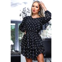 Chiffon dress with flounces and polka-dot pattern black