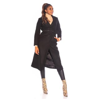 Eleganter langer Damen Mantel mit Gürtel Schwarz
