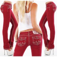 Trendy womens low-rise jeans with thick stitching wine-red