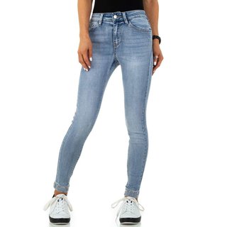 Skinny womens stretch jeans with bows at leg blue