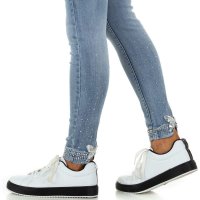 Skinny womens stretch jeans with bows at leg blue