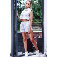 Kurzes 2-tlg Damen Jogging Sport-Outfit Shirt+Shorts Hellgrau