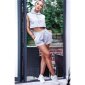 Kurzes 2-tlg Damen Jogging Sport-Outfit Shirt+Shorts Hellgrau