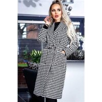 Langer Damen Mantel mit Hahnentrittmuster Schwarz-Weiß