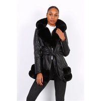 Damen Winter Mantel aus Lederimitat mit Kunstfell Schwarz