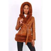 Womens faux leather winter coat with faux fur camel