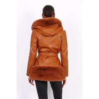 Womens faux leather winter coat with faux fur camel