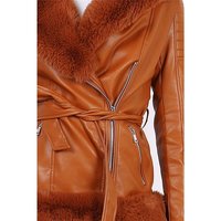 Womens faux leather winter coat with faux fur camel
