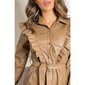 Knee-length faux leather dress with flounces and belt camel