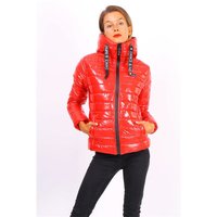 Womens glossy puffer jacket with hood red