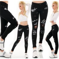 Damen Skinny Röhrenjeans mit Schrift und Rissen Schwarz