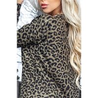 Damen Oversize Pullover mit Animalprint Leopard Khaki/Schwarz