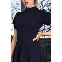 Elegant puff-sleeved high low skater dress black