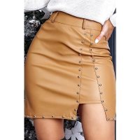 Sexy skinny womens faux leather miniskirt with rivets camel UK 10 (S)