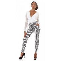 Womens high waist trousers with pattern & belt white