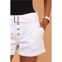 Womens jeans shorts with belt and button fly white