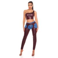 Sexy womens cropped one-shoulder top in leather look wine-red