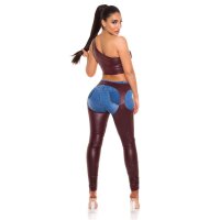 Sexy womens cropped one-shoulder top in leather look wine-red