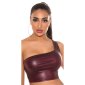 Sexy womens cropped one-shoulder top in leather look wine-red
