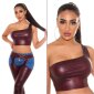 Sexy womens cropped one-shoulder top in leather look wine-red