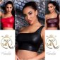 Sexy womens cropped one-shoulder top in leather look wine-red