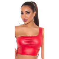 Sexy womens cropped one-shoulder top in leather look red
