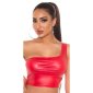 Sexy womens cropped one-shoulder top in leather look red