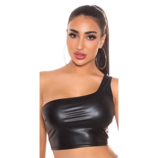 Sexy womens cropped one-shoulder top in leather look black